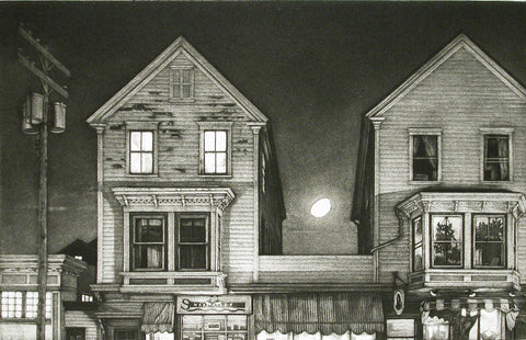 Frederick Mershimer, 'Cape Moon'. Two tall houses on a dark street with a gibbous moon shining between them.