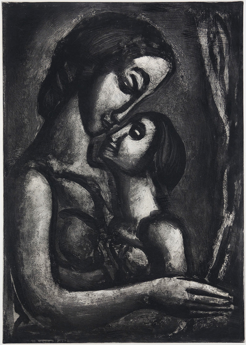 Georges Rouault's "Plate 13. Il serait si doux d'aimer (To love would be so sweet)." Black and white image of a mother figure holding a child on her lap.