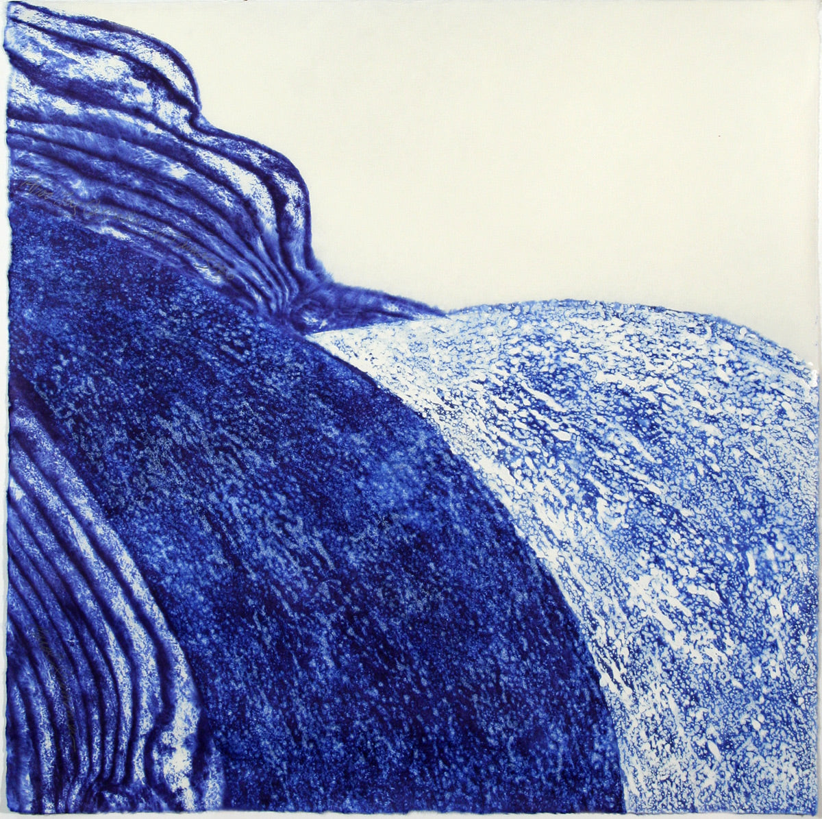 Woodcut of abstract indigo forms against white paper