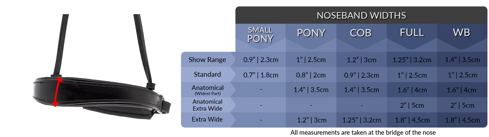 horse bridle noseband width measurement size chart