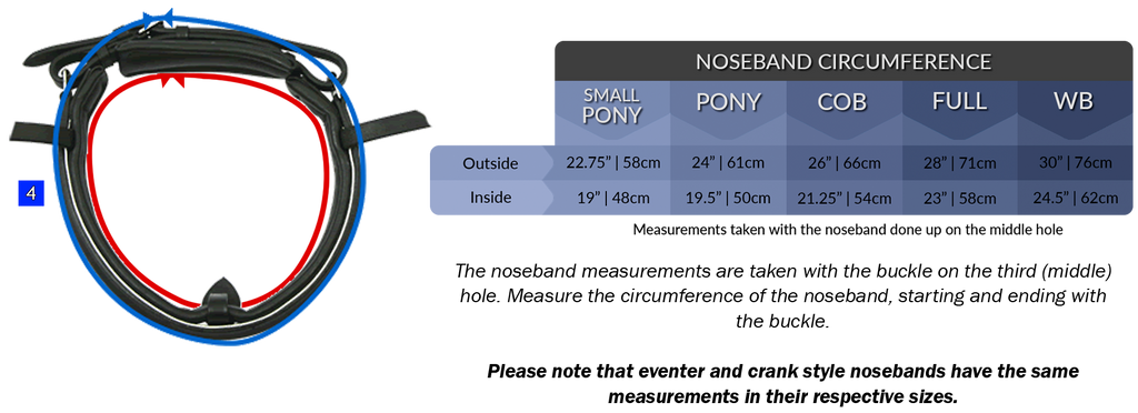 noseband monocrown double bridle size measurement chart