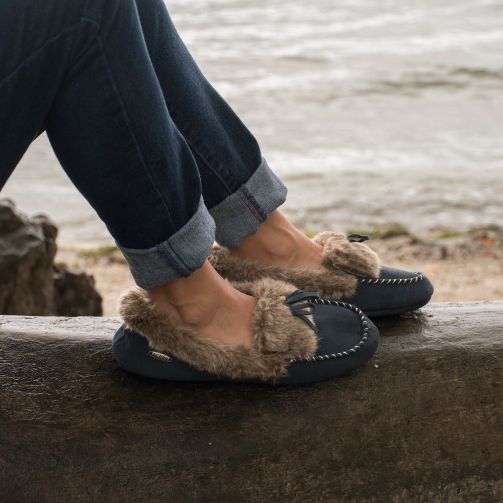 black furry moccasins