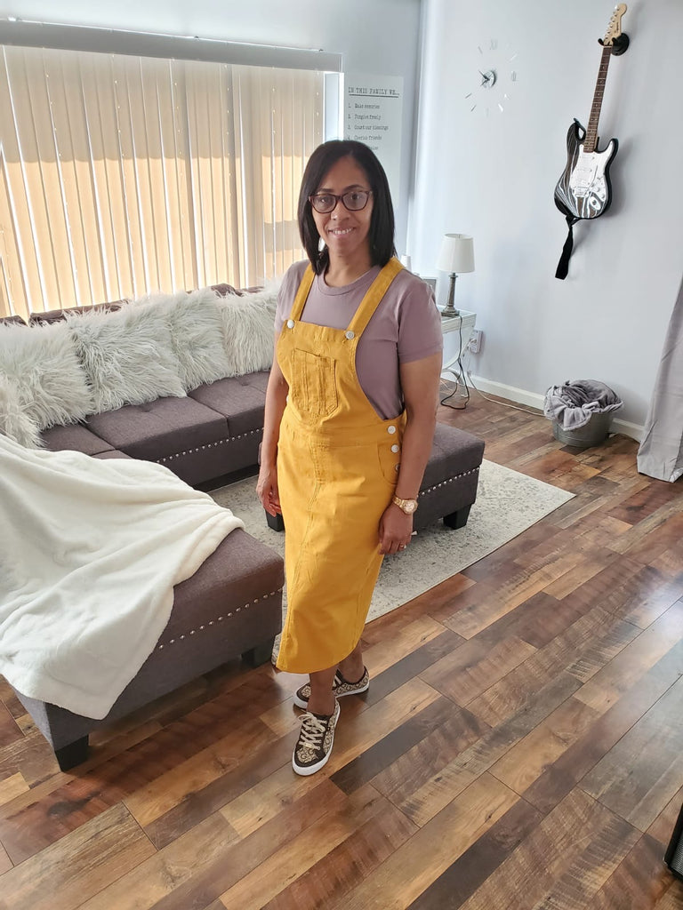 mustard overall skirt