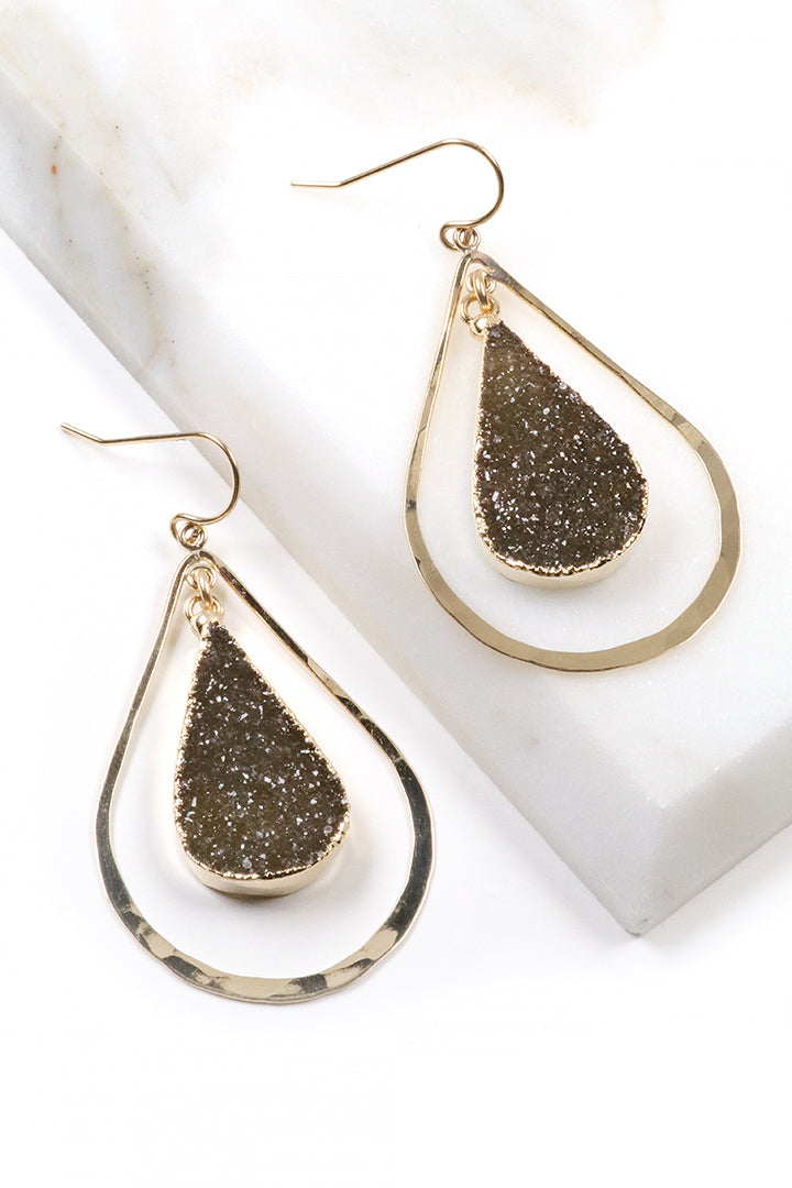 Round Druzy Earrings Gunmetal With Sterling Silver Trim – Strands