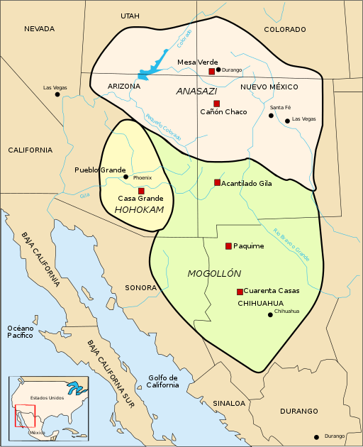 Oasisamerica Map with Anasazi, Hohokam and Mogollon Culures