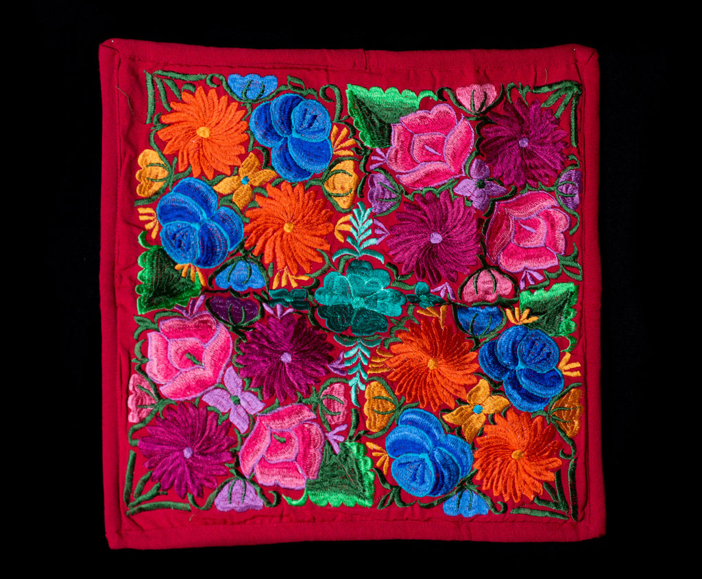 EMBROIDERED CUSHION WITH FLOWERS FROM CHIAPAS MEXICO RED BACKGROUND ...