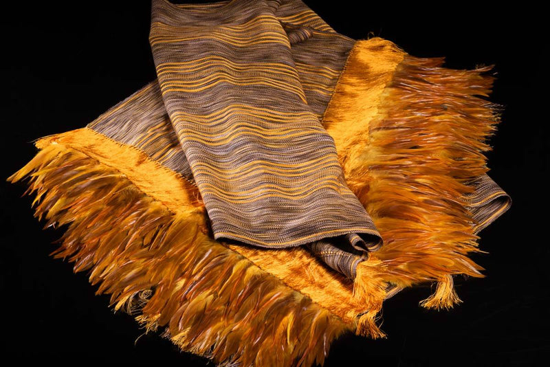 Striped Yellow and Brown Cotton Shawl with Feathers Indigenous textile art
