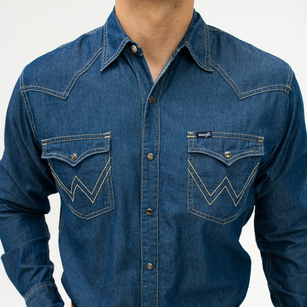 Camisa Wrangler Basica Lisa Mezclilla Buckle 010 - Very Vaquero