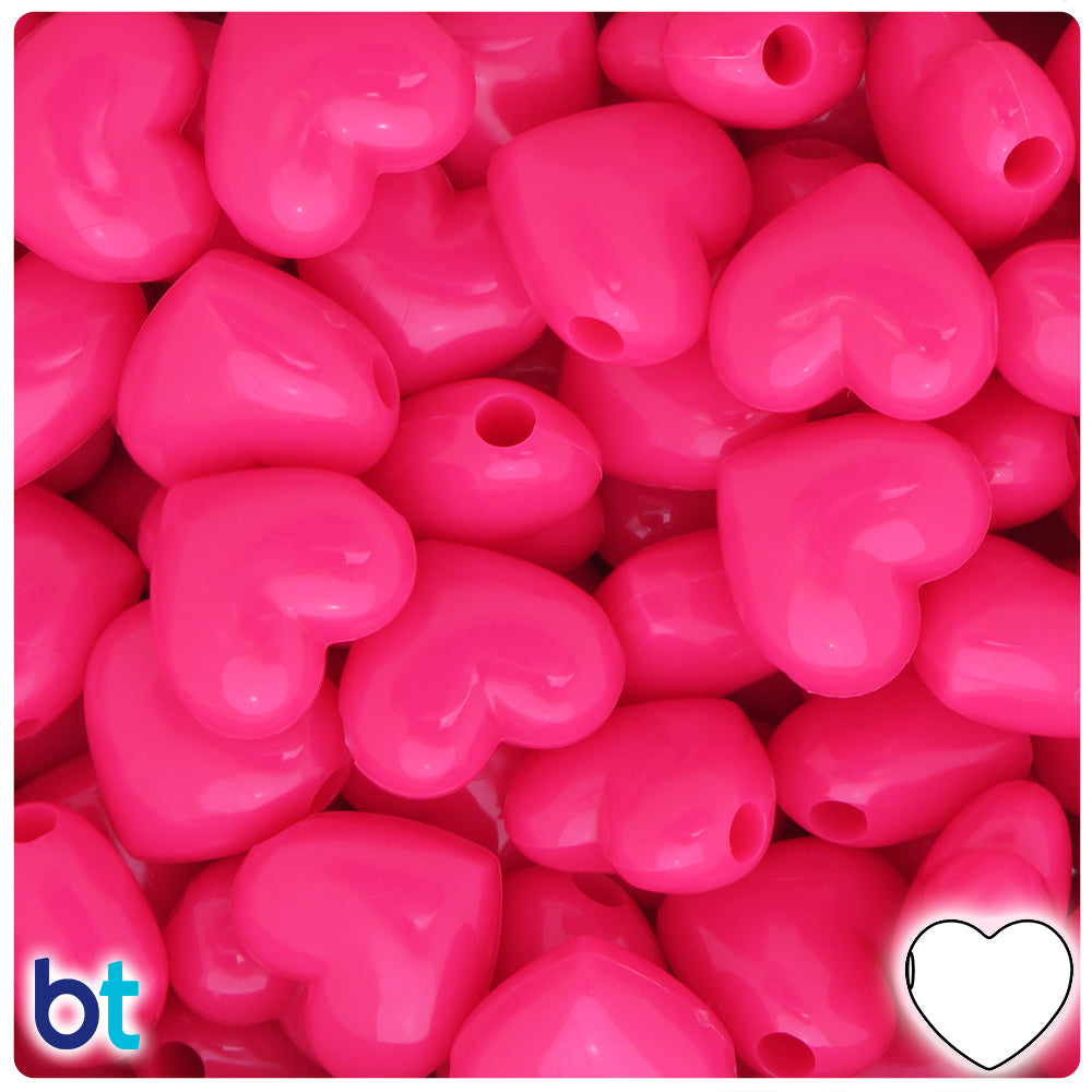 Deep Pink Heart Beads 18mm Rose Pink Glitter Puffy Heart Acrylic