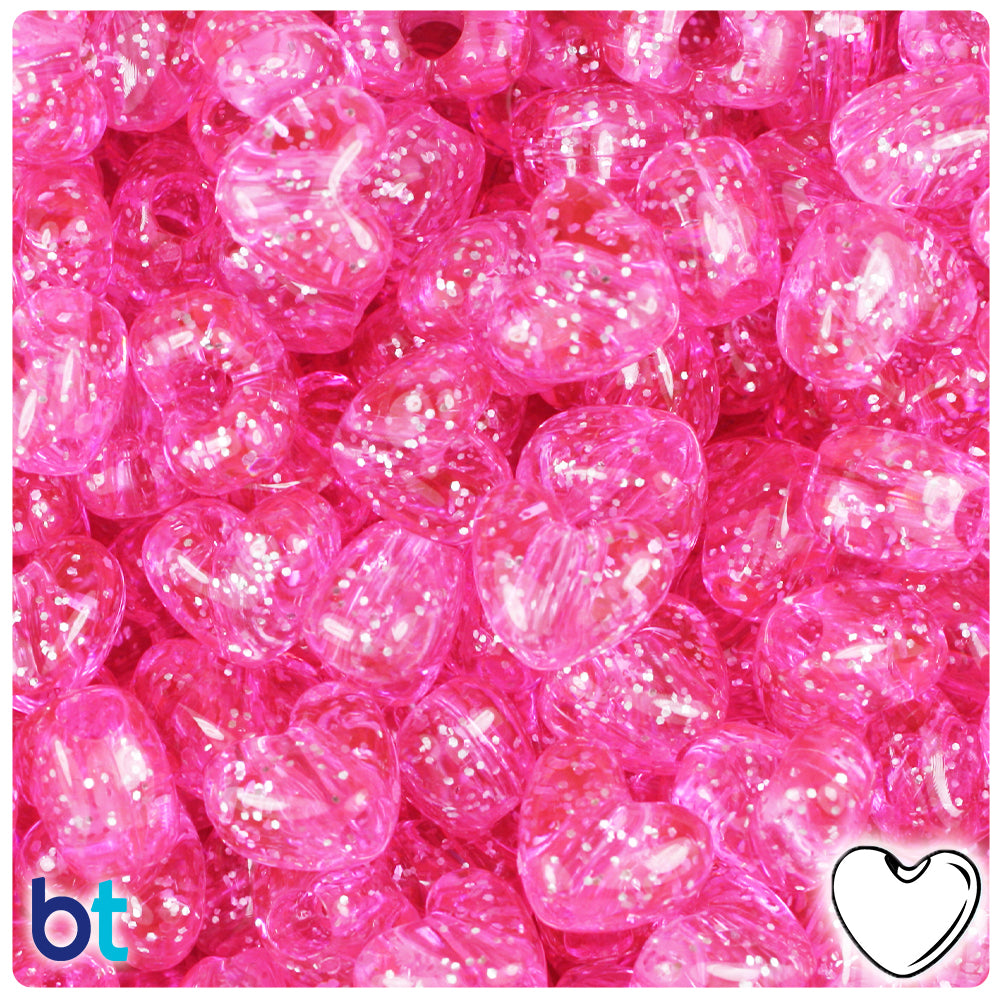 Transparent Hot Pink with Silver Glitter Heart Shaped Pony Beads #PBH031SF