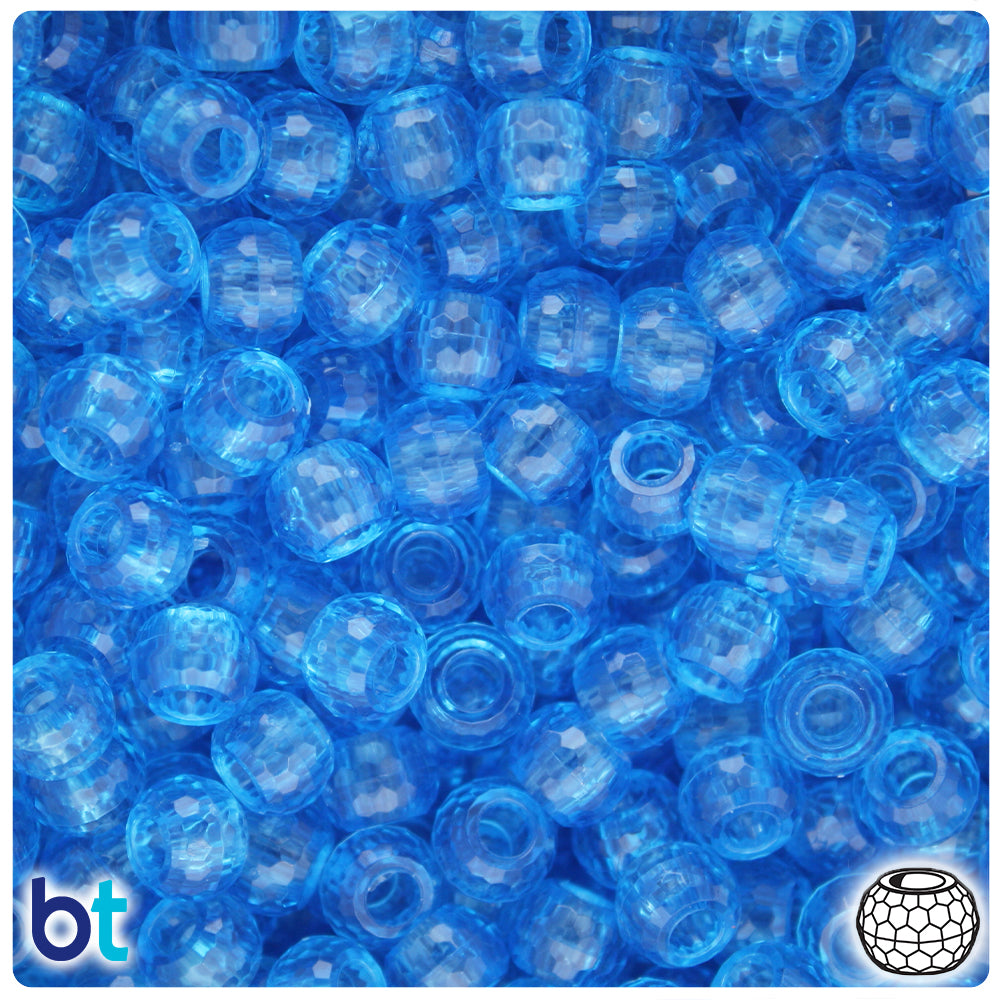 Lot of 25 9mm Czech faceted glass pony or roller beads - transparent light  sapphire blue large hole crow beads