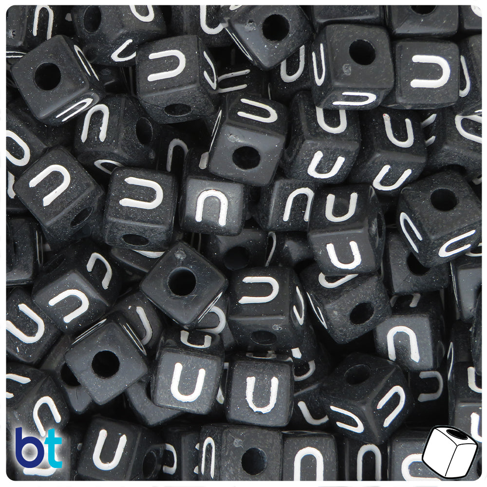 Black Opaque 10mm Cube Alpha Beads - White Letter Mix (100pcs)