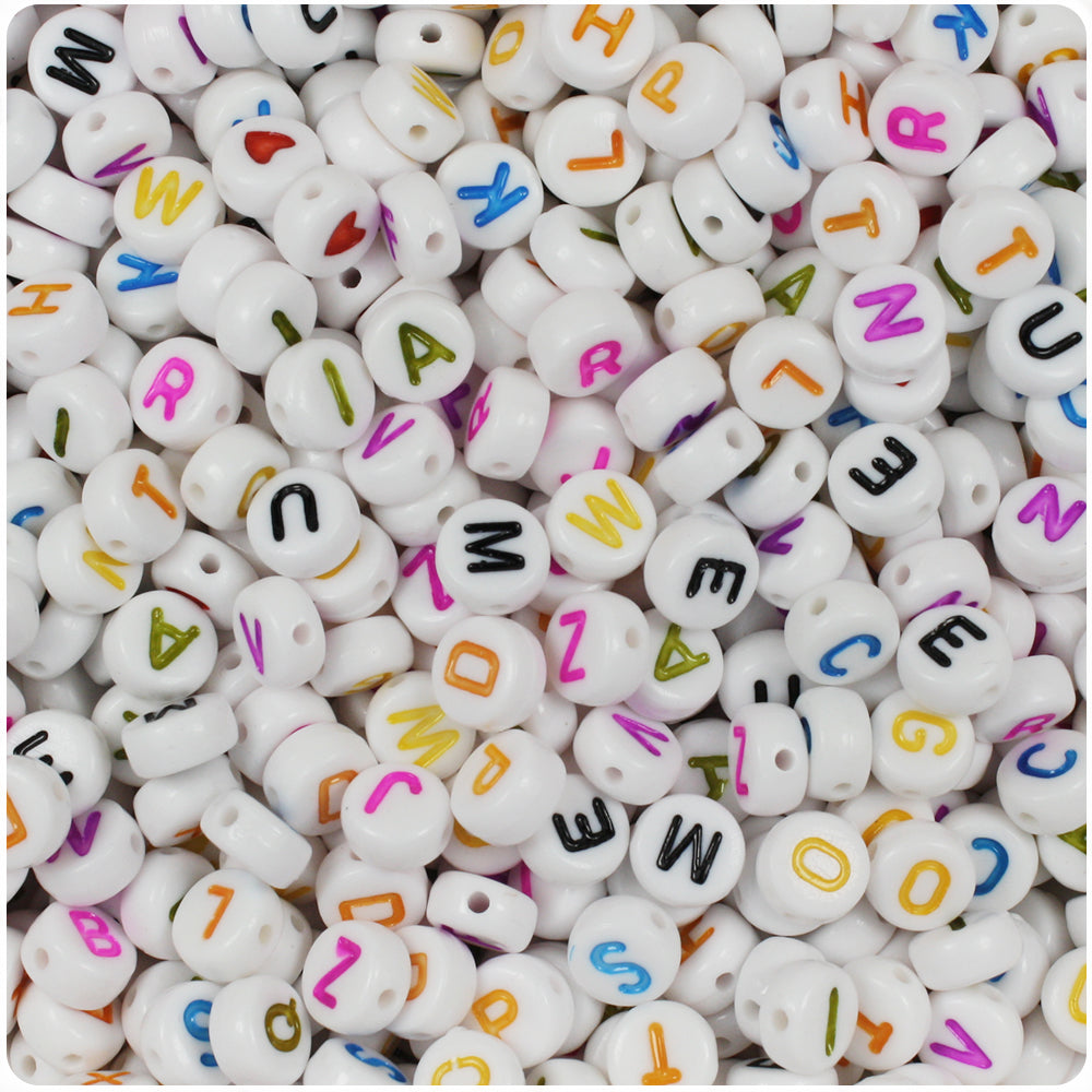 1197K073BL – 10mm Alphabet Beads – White / Blue Letters – 40 Piece Pack