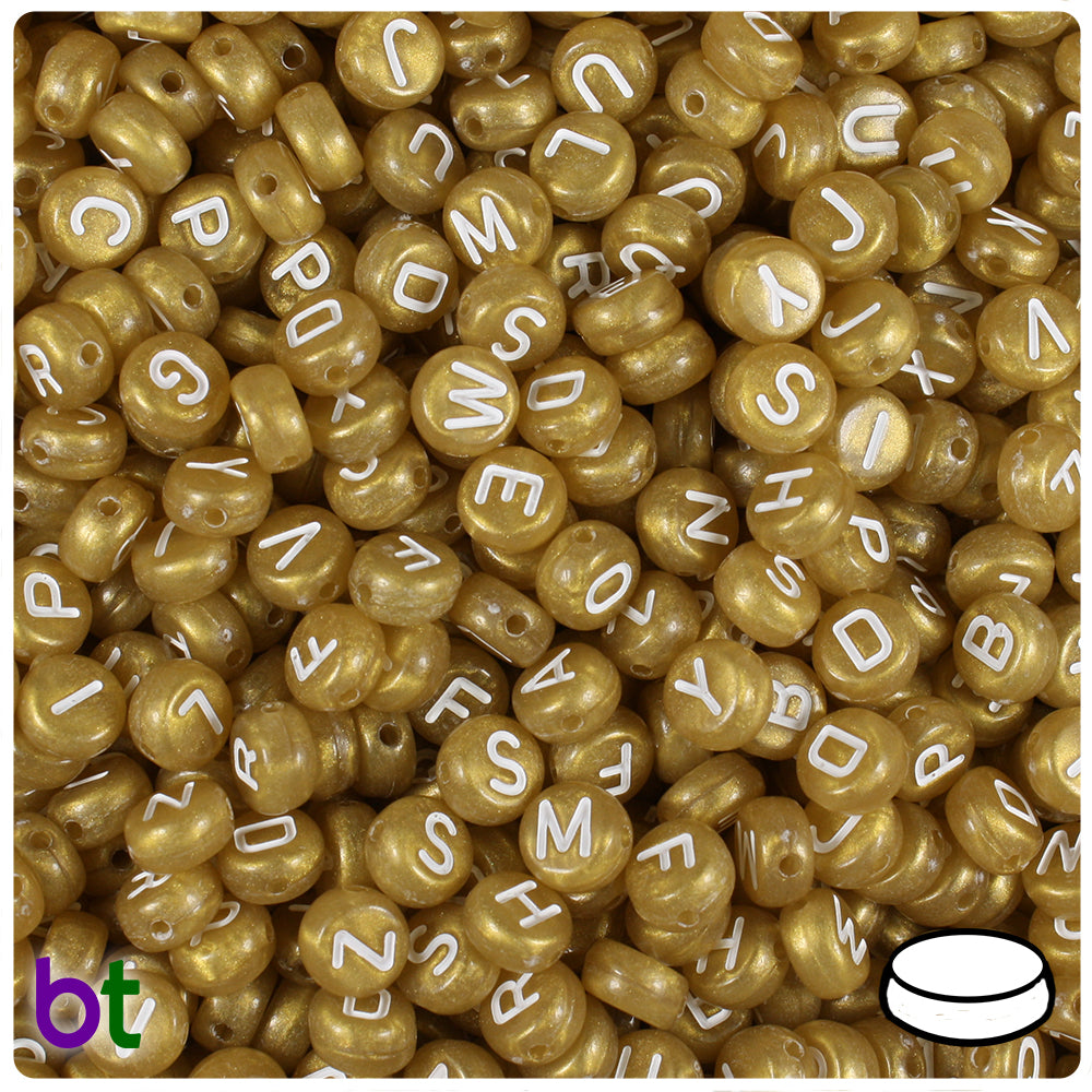 White Opaque 10mm Coin Alpha Beads - Gold Letter Mix (144pcs)