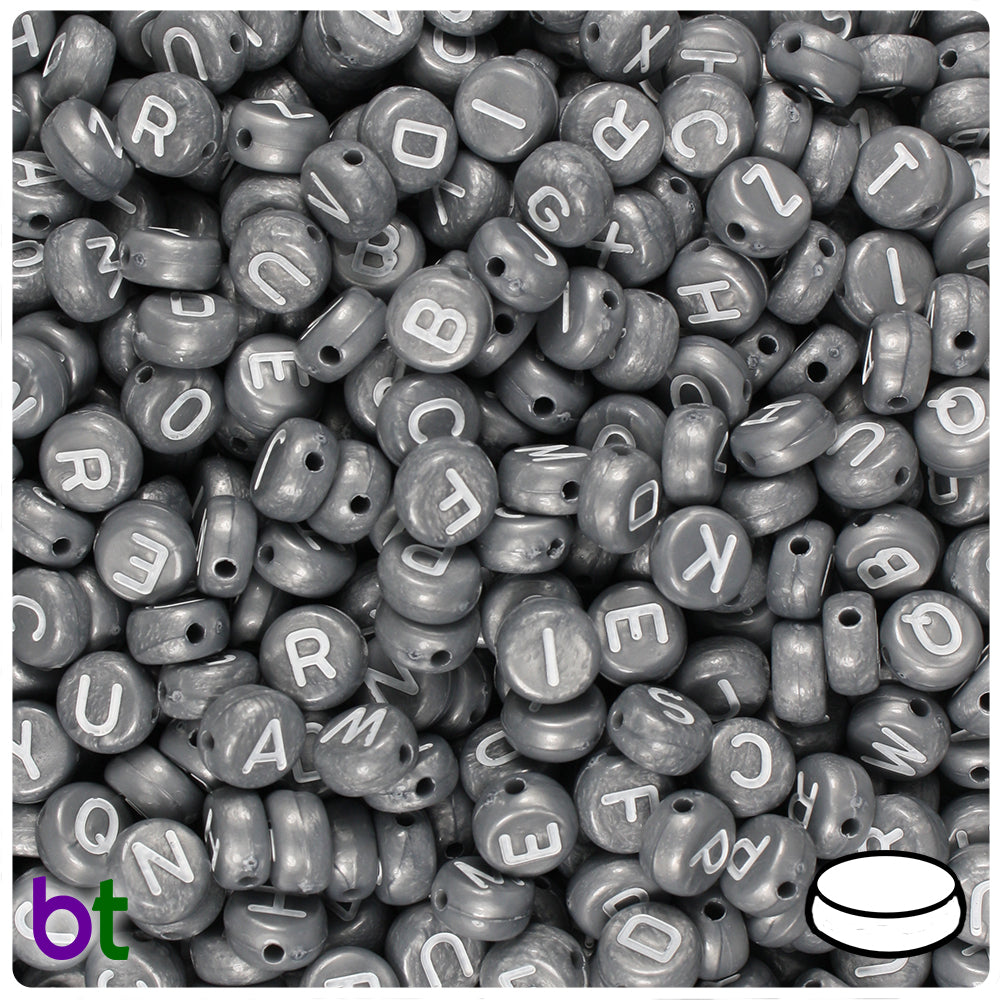 Silver Metallic 7mm Coin Alpha Beads - Black Letter Mix (250pcs)