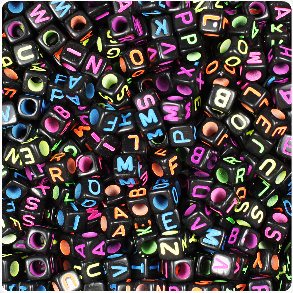 Alphabet Beads, Assorted Letters, 6mm Cube, Transparent Multicolor With  White Letters (250 Pieces)