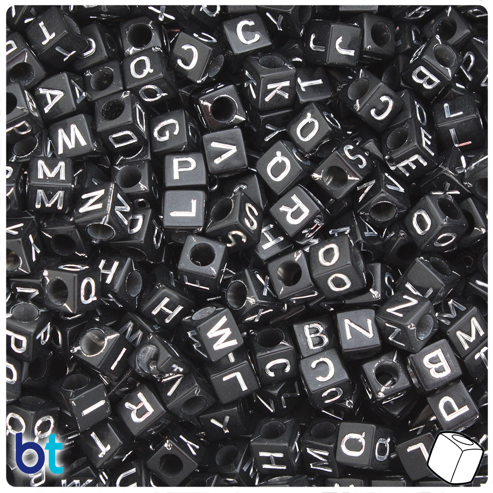 Blue Opaque 6mm Cube Alpha Beads - Black Letter Mix (200pcs)
