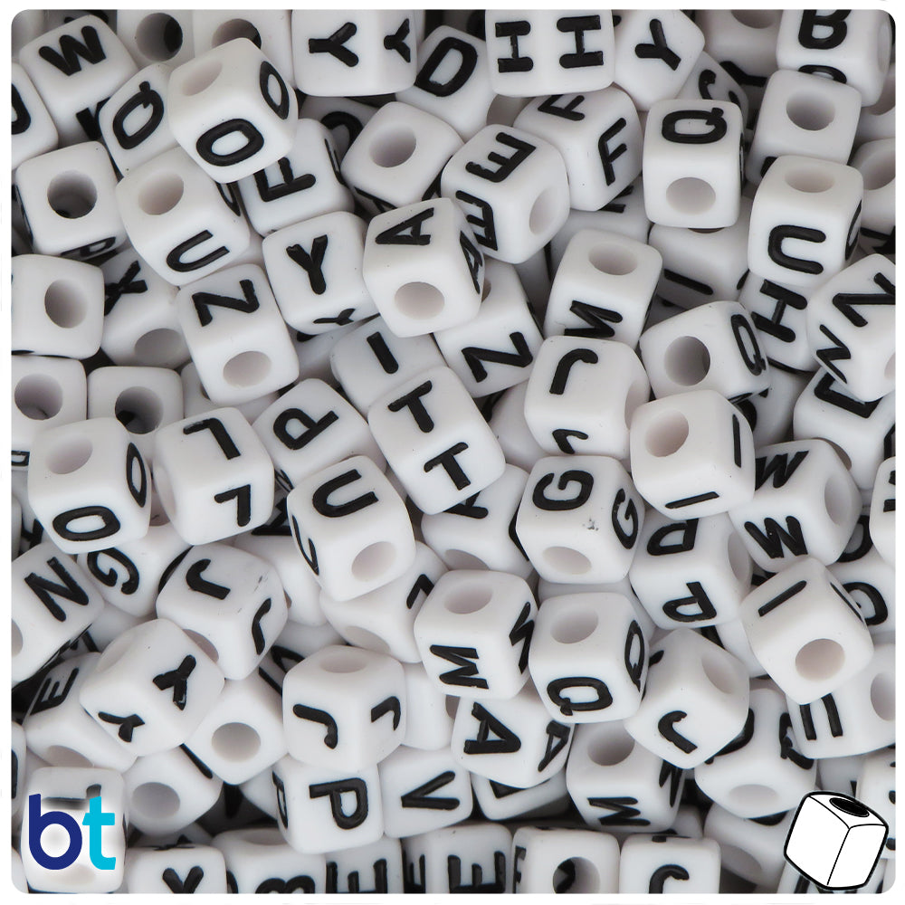 Black Opaque 10mm Cube Alpha Beads - White Letter Mix (100pcs)