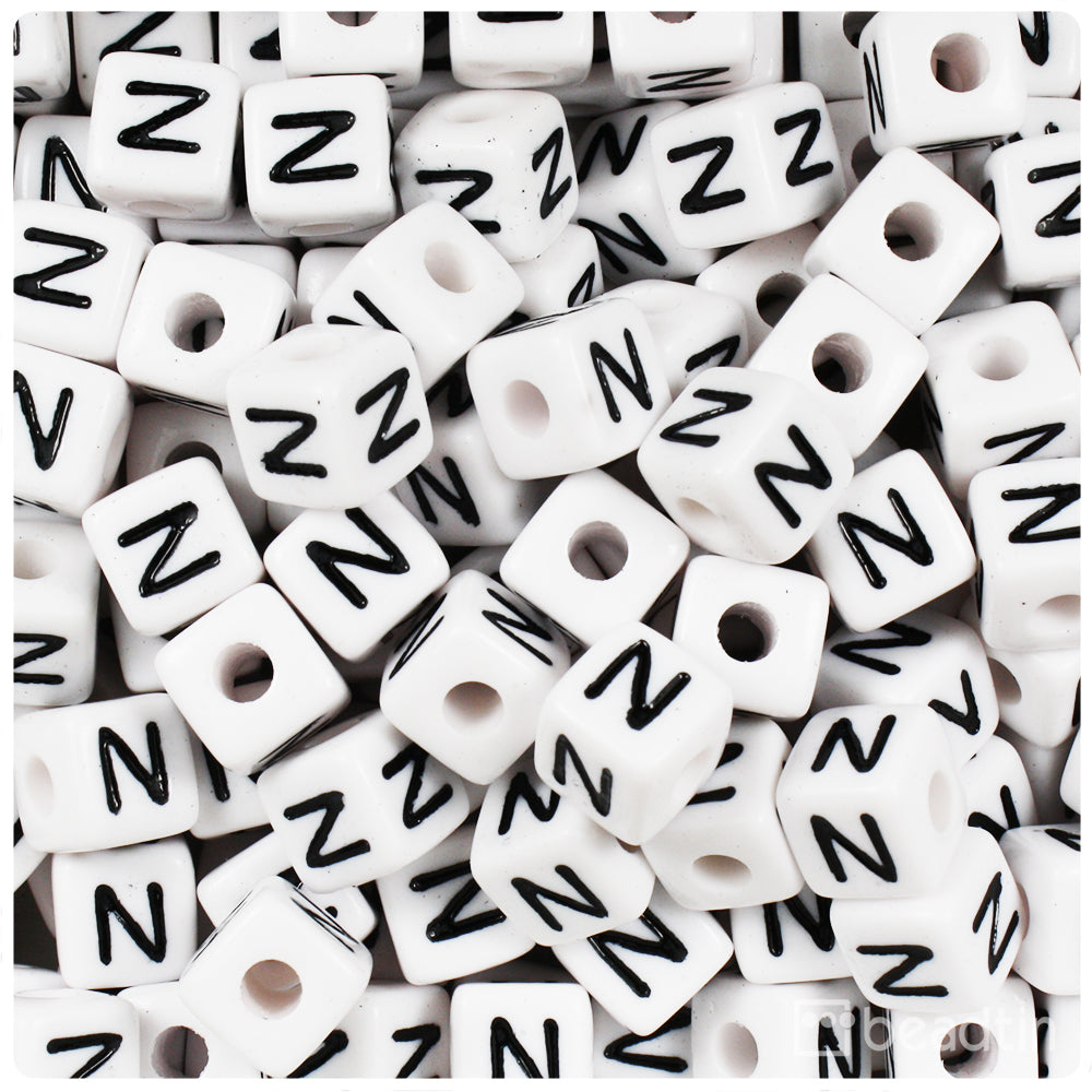 Black Opaque 10mm Cube Alpha Beads - White Letter Mix (100pcs)