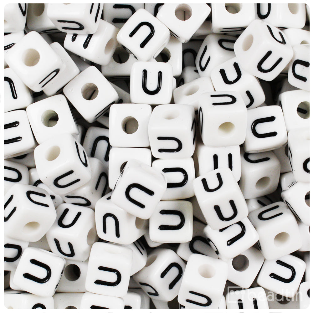 Black Opaque 10mm Cube Alpha Beads - White Letter P (20pcs)