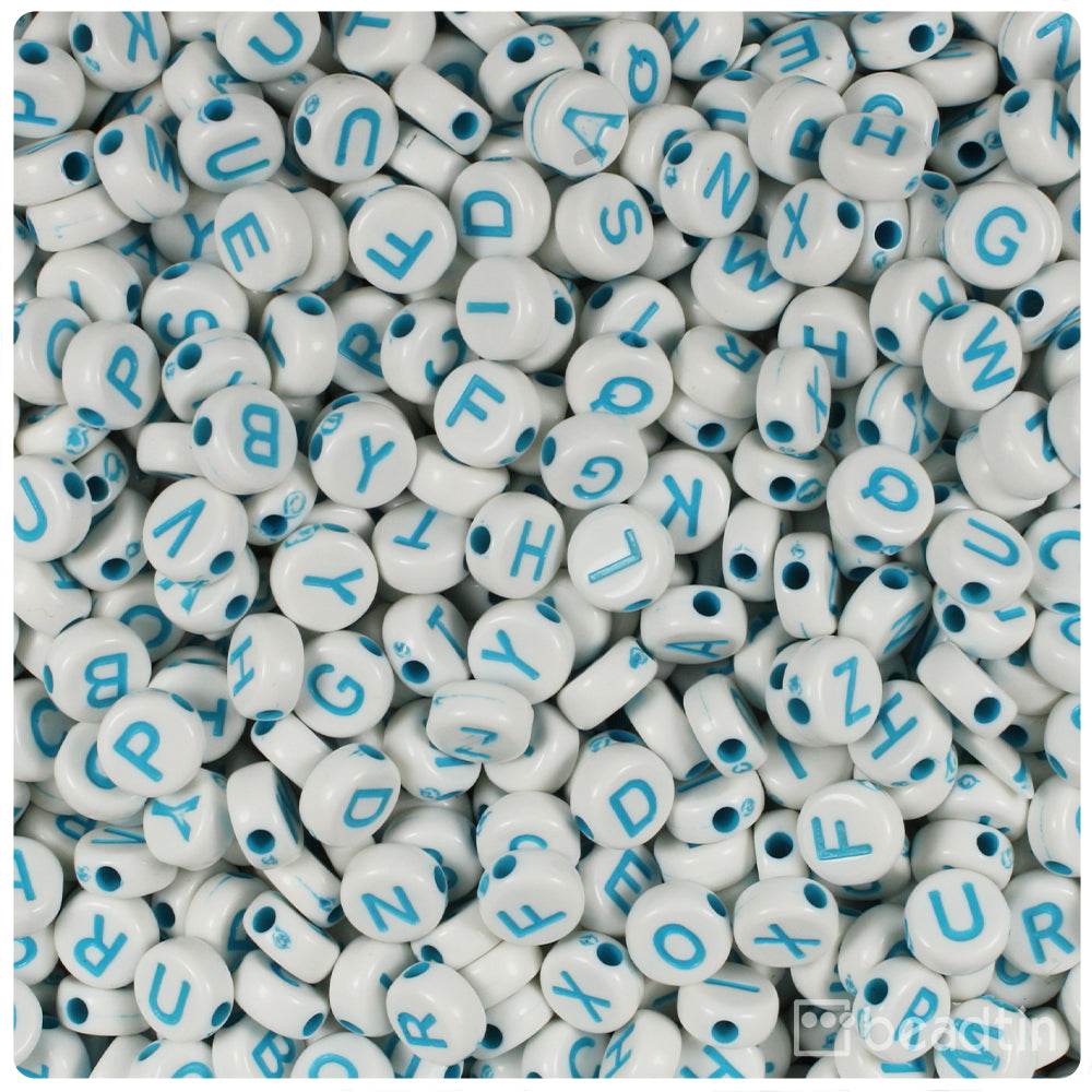 1197K073BL – 10mm Alphabet Beads – White / Blue Letters – 40 Piece Pack