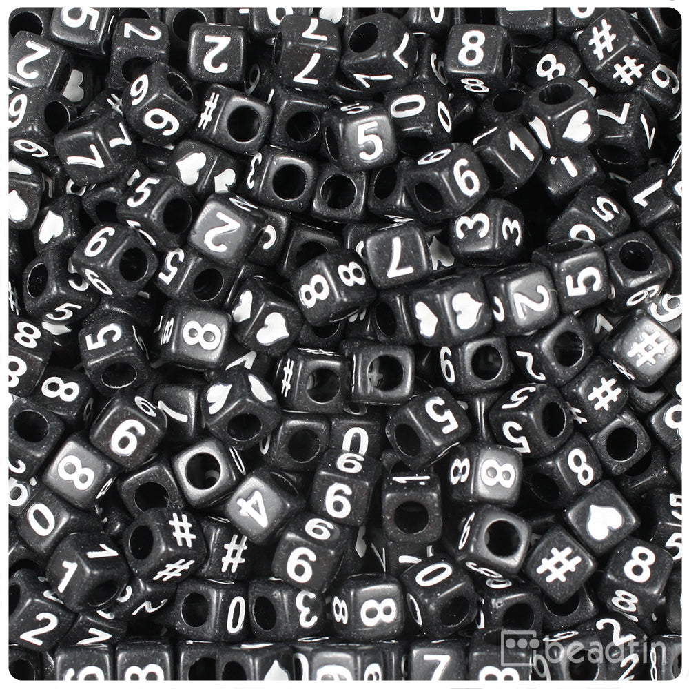 White Opaque 6mm Cube Alpha Beads - Black Number 8 (80pcs)