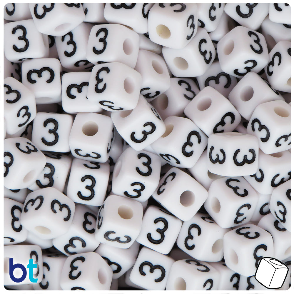 White Opaque 6mm Cube Alpha Beads - Black Number 8 (80pcs)