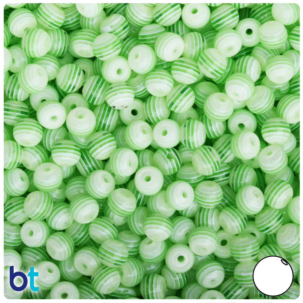 Green Transparent & White Striped 6mm Round Resin Beads (150pcs)