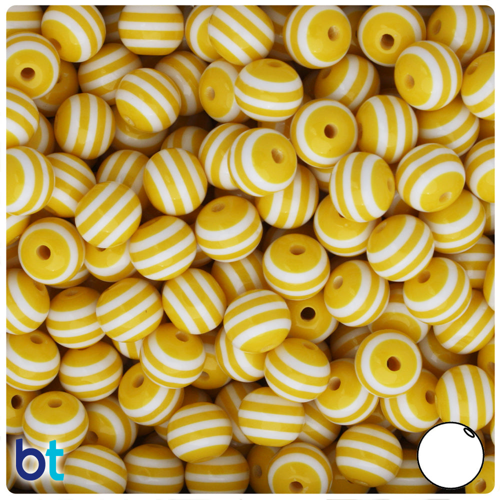 Beadtin Yellow & White Striped 20mm Round Resin Beads (10pcs), Size: 20 mm