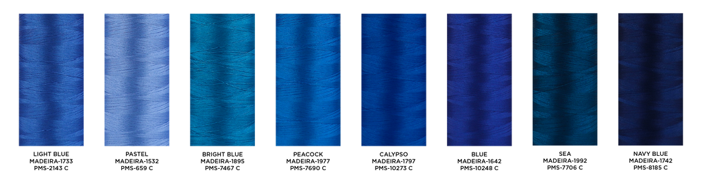 Thread colors: Light Blue, Pastel, Bright Blue, Peacock, Calypso, Blue, Sea, Navy Blue