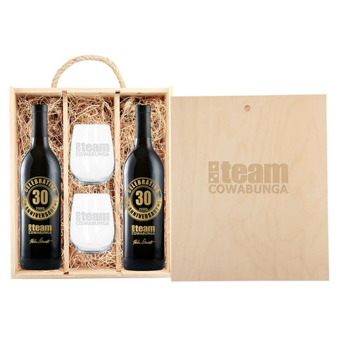 Custom A+ Wines Brown Rustic Laser Engraved Triple Wood Box with Custom Etched Wines and Glasses