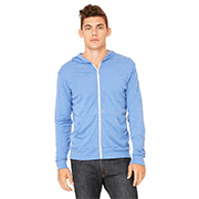 A man in a light blue custom Bella + Canvas full-zip hoodie in front of a white background