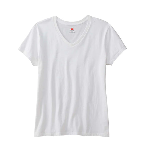 Branded Hanes Women's White 4.5 oz. 100% Ringspun Cotton nano-T V-Neck T-Shirt