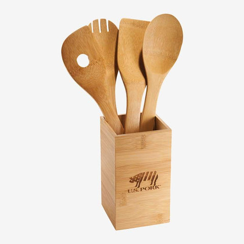 Laser-Engraved Leed's Natural Bamboo 4-piece Kitchen Tool Set and Canister