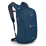 A teal blue Osprey work backpack with a custom logo embroidered