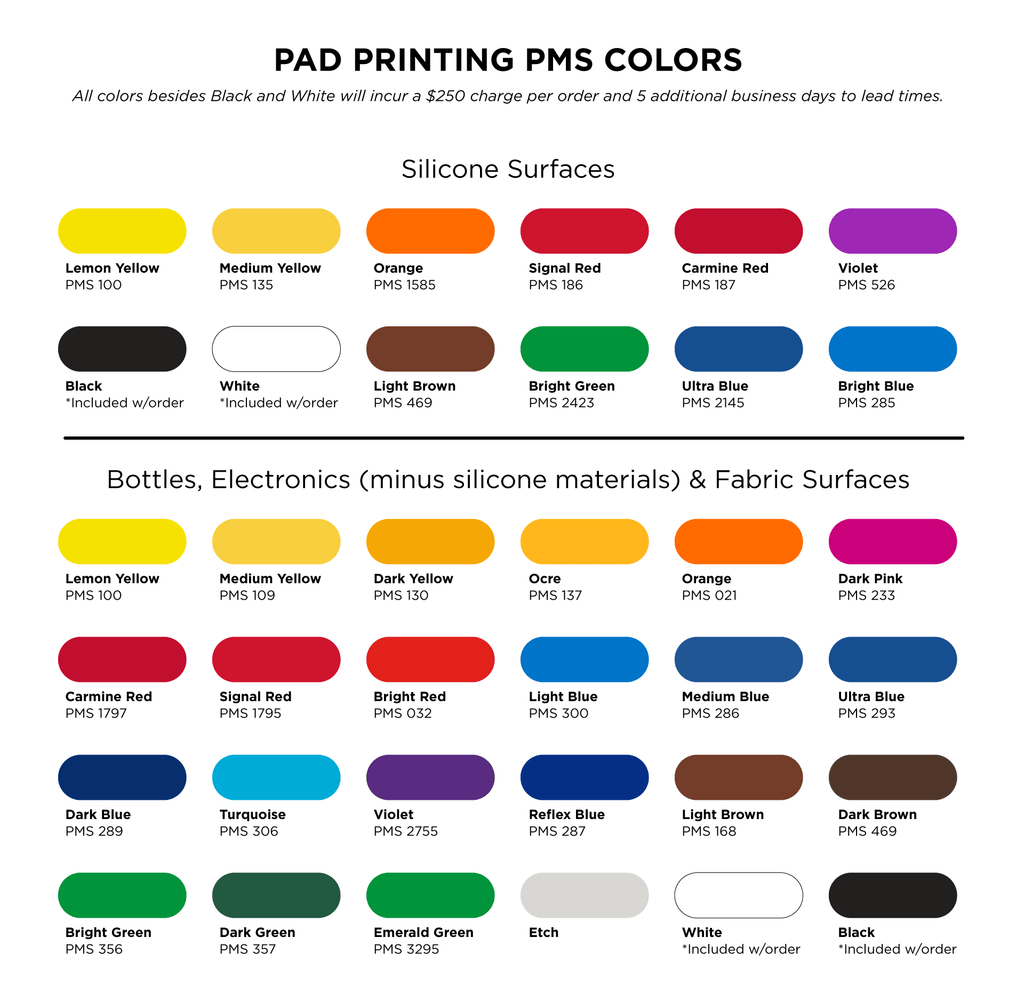 Chart showing popular custom pad printing color options