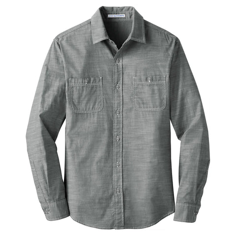 Embroidered Port Authority Men's Grey Slub Chambray Shirt