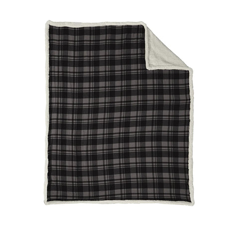 Logo-Embroidered Port Authority Black Uneven Plaid Flannel Sherpa Blanket