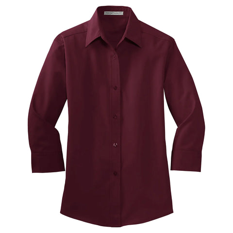 Custom Port Authority Women's Burgundy 3/4-Sleeve Easy Care Shirt