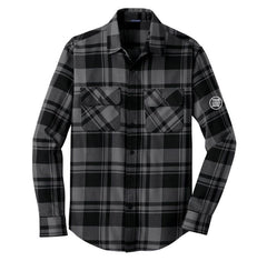 Custom Port Authority Men's Grey and Black Plaid Flannel Shirt