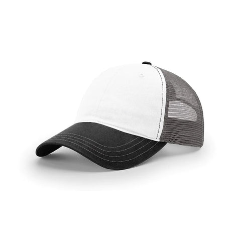 Custom Richardson White/Charcoal/Black Mesh Back Tri-Color Garment Washed Trucker Hat