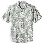A dark gray corporate Tommy Bahama short sleeve button-up shirt with a light gray floral print in front of a white background