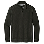 A black corporate logo embroidered Tommy Bahama men's quarter zip against a white background