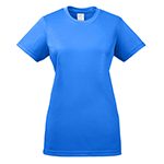 A bright blue custom UltraClub women's T-shirt against a white background