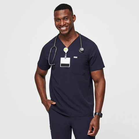 Branded Navy Leon Three-Pocket Scrub Top