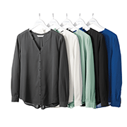 Photo of women's button-up dress shirts in multiple colors