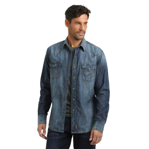 Custom Wrangler Men's Blue Denim Retro Long Sleeve Western Shirt