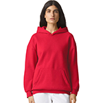 A woman in a bright red custom American Apparel women's sweatshirt in front of a white background