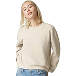 A woman wearing a gray custom American Apparel crewneck sweatshirt in front of a white background