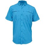 A sky blue custom logo embroidered BAW men's fishing shirt against a white background